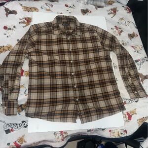 Eddie Bauer Flannel Shirt Men's MEDIUM Beige Blue Plaid Pocket Outdoor Logo